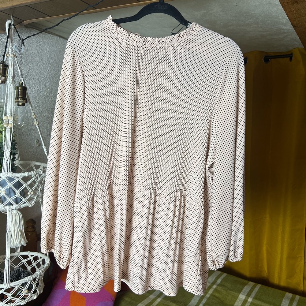 Adrianna Papell black polka dot blush ruffle neck long sleeve top size XL